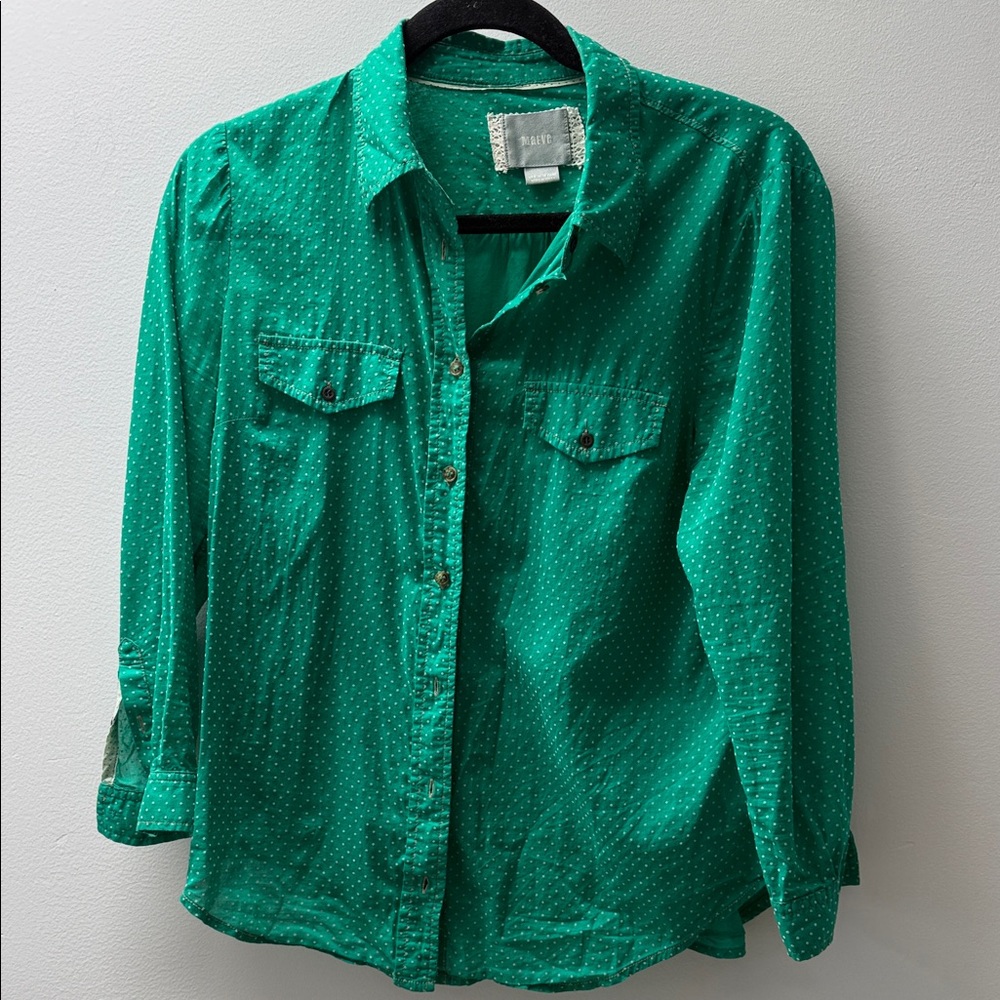 Maeve Green Polka Dot Top with Lace Trim